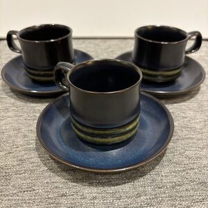 Set 3 Vintage 1960s Denby Bokhara Blue Brown Kismet Cups & Saucers